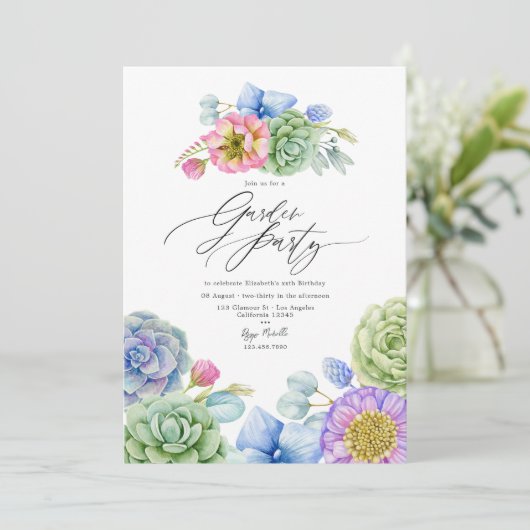 エレガントなパステルカラーの多肉植物ガーデンパーティー 招待状 (スタンド正面)