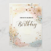 エレガントなパステルカラーの水彩花とゴールドのコンフェッティ 招待状 (正面/裏面)