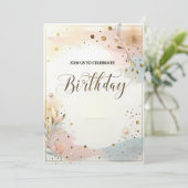 エレガントなパステルカラーの水彩花柄とゴールドのコンフェッティ 招待状 (スタンド正面)