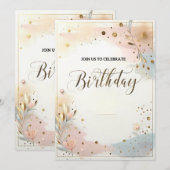 エレガントなパステルカラーの水彩花柄とゴールドのコンフェッティ 招待状 (正面/裏面)