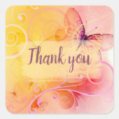 エレガントなパステルカラーの蝶と渦巻き模様のかわいい Thank You スクエアシール (正面)