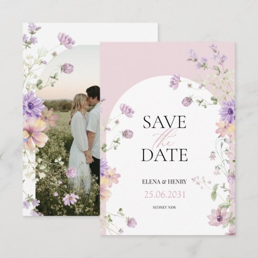 エレガントなパステルカラーの野生の花の結婚式のSave the Date 招待状 (正面/裏面)