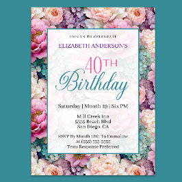 エレガントなパステルフラワーガーデンの40歳の誕生日 招待状