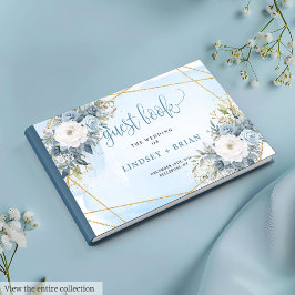 エレガントなパステルブルーの花とゴールドの結婚式ゲストブック ゲストブック