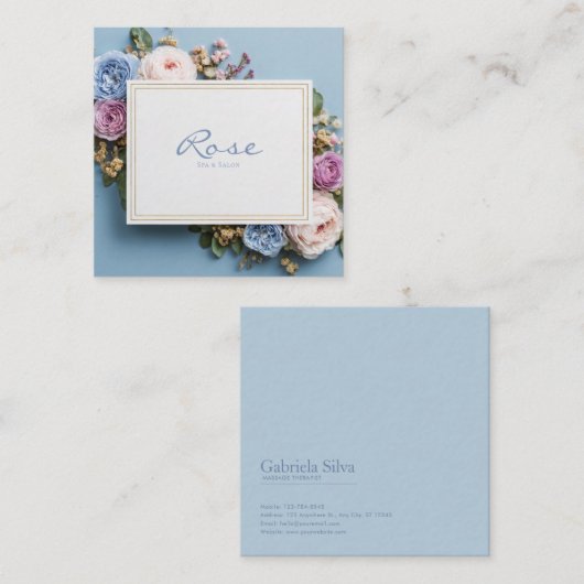 エレガントなパステル フラワーフレーム ブルー ピンク ゴールド スクエア名刺 (正面/裏面)