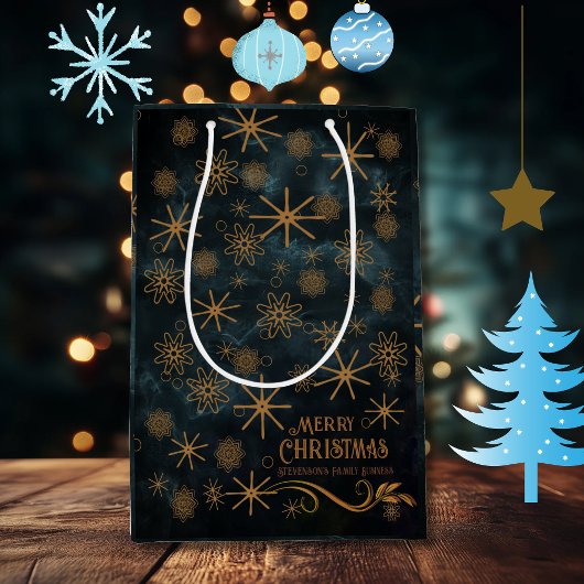 エレガントなパターン ティールブルー クリスマスおめでとう ミディアムペーパーバッグ