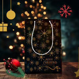 エレガントなパターン ブラック ゴールド メリークリスマス ミディアムペーパーバッグ