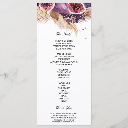 エレガントなパンパスと紫のイチジクのウェディングセレモニー メニュー (裏面)