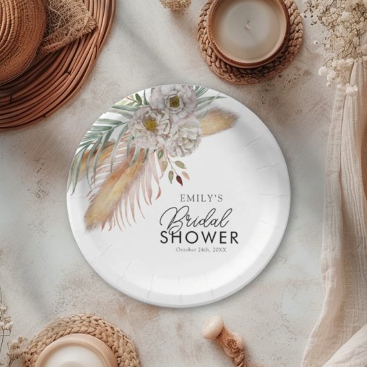 エレガントなパンパス&パーム ウォーターカラー ブライダルシャワー ペーパープレート