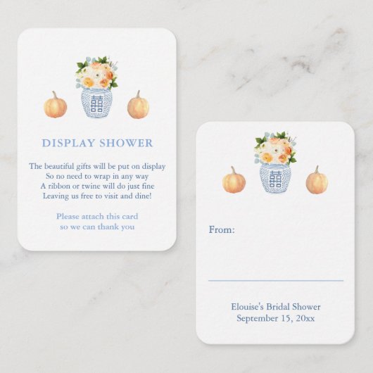 エレガントなパンプキン ブルー ホワイト オータム ディスプレイ シャワー エンクロージャーカード (正面/裏面)