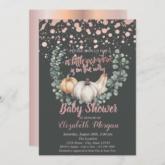 エレガントなパンプキン、葉、ローズゴールドのベイビーシャワー 招待状 (正面/裏面)