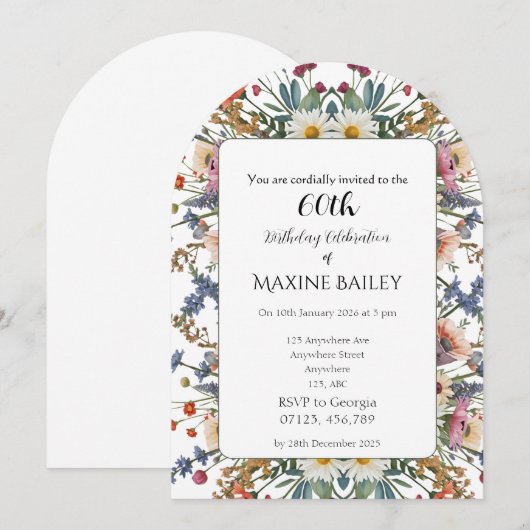 エレガントなパーソナライズドフラワーラック 60歳の誕生日 招待状 (正面/裏面)