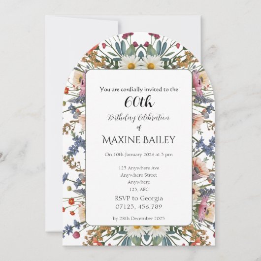 エレガントなパーソナライズドフラワーラック 60歳の誕生日 招待状 (正面)