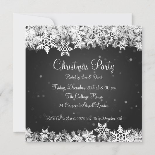 エレガントなパーティー招待状 冬の雪の花 黒 招待状 (正面)