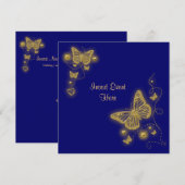 エレガントなパーティー ゴールド バタフライ ハート ブルー ロイヤル 招待状 (正面/裏面)