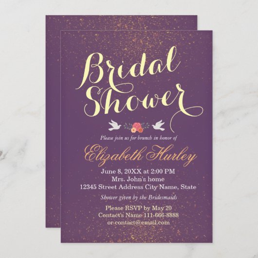 エレガントなパープルとゴールドのグリッター輝く ブライダルシャワー 招待状 (正面/裏面)