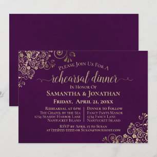エレガントなパープルとゴールドの結婚式リハーサル＆ディナー 招待状