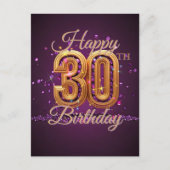 エレガントなパープルとゴールドの 30歳の誕生日お祝い会 ポストカード (正面)