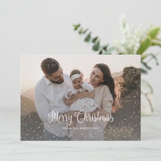 エレガントなパープルのカリグラフィー写真クリスマスカード シーズンカード (スタンド正面)