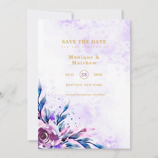 エレガントなパープルのサマーピーコニー Save The Date 招待状 (正面)
