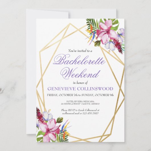 エレガントなパープルのトロピカルバチェロレッテウィークエンド 招待状 (正面)
