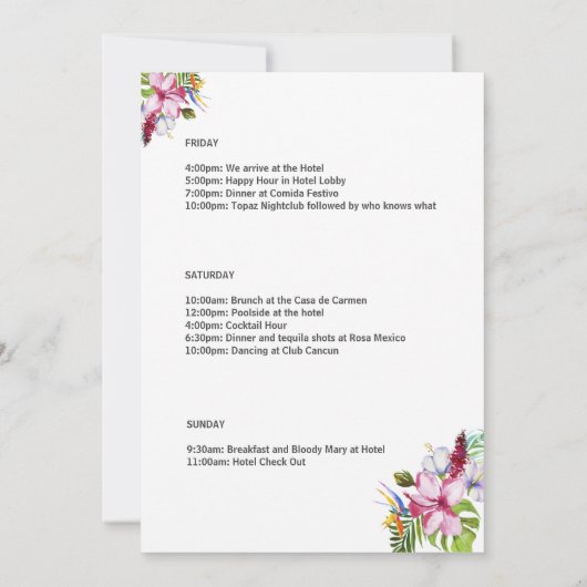 エレガントなパープルのトロピカルバチェロレッテウィークエンド 招待状 (裏面)