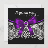 エレガントなパープルのリボン ブラックレース ホワイト バースデー 招待状 (正面)