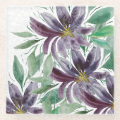 エレガントなパープルのレース蓮の水彩画 ガラスコースター (正面)