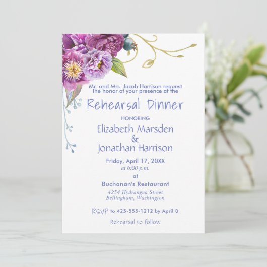 エレガントなパープルの芍薬の花の彩り豊かなリハーサルディナー 招待状 (スタンド正面)