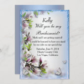 エレガントなパープルの花と蝶のウェディングカード 招待状 (正面/裏面)