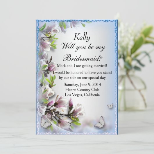 エレガントなパープルの花と蝶のウェディングガールカード 招待状 (スタンド正面)