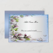 エレガントなパープルの花と蝶のテーブルプレイスカード 招待状 (正面/裏面)