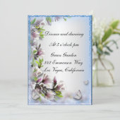 エレガントなパープルの花と蝶のレセプションカード 招待状 (スタンド正面)