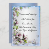 エレガントなパープルの花と蝶のレセプションカード 招待状 (正面/裏面)