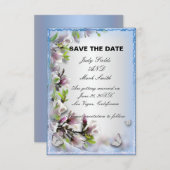 エレガントなパープルの花と蝶のSave the Dateカード 招待状 (正面/裏面)