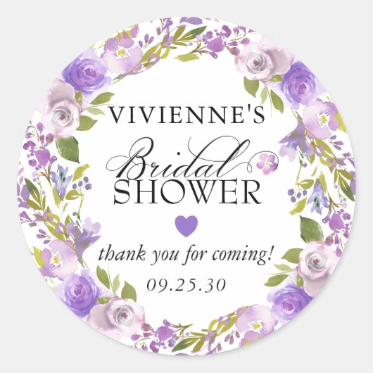 エレガントなパープルの花のウェディングシャワーのお礼 ラウンドシール (正面)