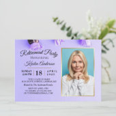 エレガントなパープルの花の写真引退パーティー 招待状 (スタンド正面)