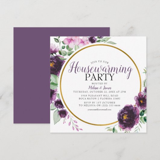 エレガントなパープルの花の新築パーティー 招待状 (正面/裏面)