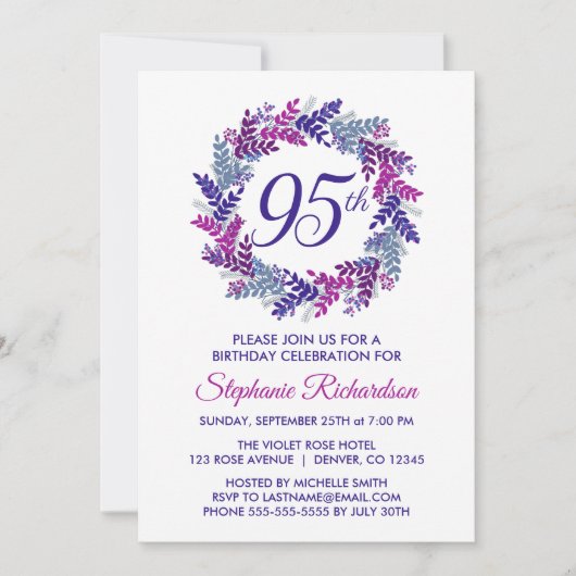 エレガントなパープルの花輪 95歳の誕生日パーティー 招待状 (正面)