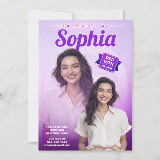 エレガントなパープルの誕生日パーティー 女の子の写真 招待状 (正面)