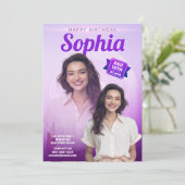 エレガントなパープルの誕生日パーティー 女の子の写真 招待状 (スタンド正面)