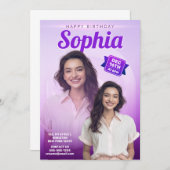 エレガントなパープルの誕生日パーティー 女の子 ワンフォト 招待状 (正面/裏面)