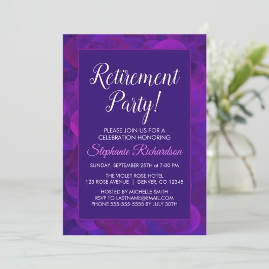 エレガントなパープルの退職パーティー招待状 招待状 (スタンド正面)