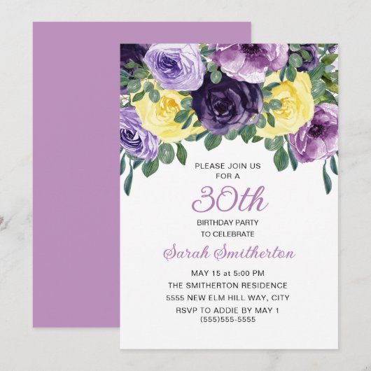 エレガントなパープルイエローの花の30歳の誕生日 招待状 (正面/裏面)