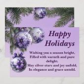 エレガントなパープルオーナメント ホリデーグリーティングカード シーズンカード (正面/裏面)