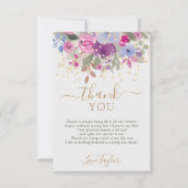 エレガントなパープルゴールドのウィンターフローラル ブライダルシャワー サンキューカード (正面)