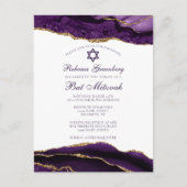 エレガントなパープルゴールドのバット・ミツバ・パーティー招待状 ポストカード (正面)