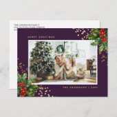 エレガントなパープルゴールドの水彩画ホリーデザイン写真 シーズンポストカード (正面/裏面)