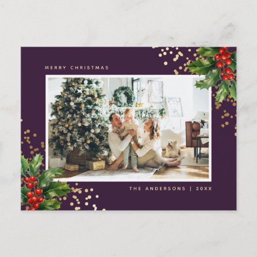 エレガントなパープルゴールドの水彩画ホリーデザイン写真 シーズンポストカード (正面)
