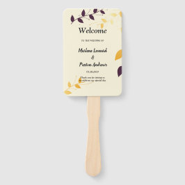 エレガントなパープルゴールドの葉のウェディングプログラム ハンドファン